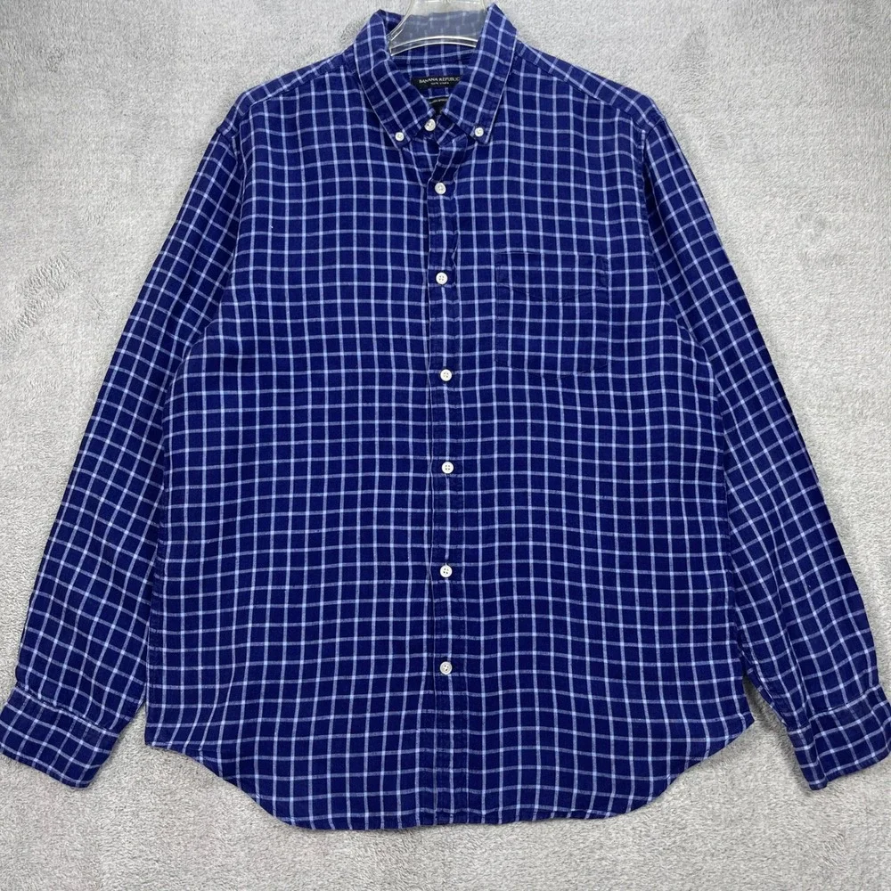 Banana Republic Button Down Shirt Mens L Blue Camden Standard Fit Linen Plaid